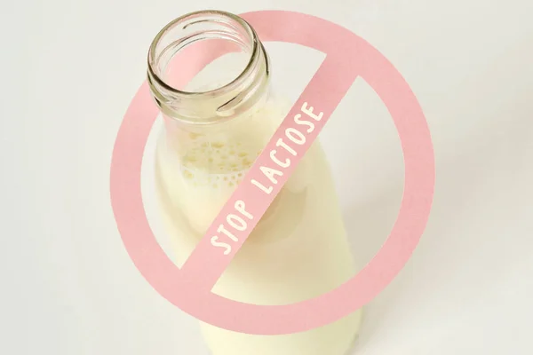 Glass Bottle Milk Restriction Sign Stop Lactose Text Lactose Intolerance — Stock Photo, Image