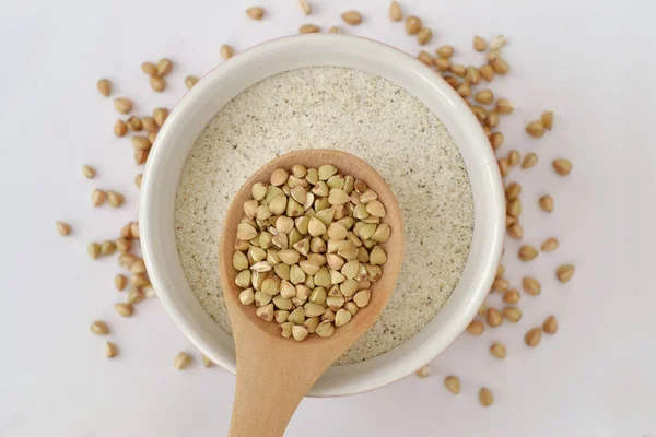 Buckwheat Kernels Wooden Spoon Buckwheat Flour Bowl — Stock Photo, Image