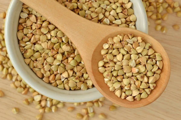 Buckwheat Kernels Wooden Spoon Bowl — Stock Photo, Image