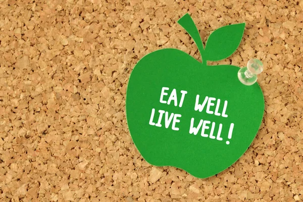 Eat Well Live Well Written Apple Shaped Paper Note Pinboard — Stock Photo, Image