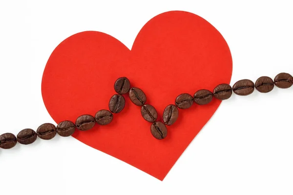 Kahve Çekirdeğinden Yapılmış Kardiyogram Çizgisi Olan Kalp — Stok fotoğraf