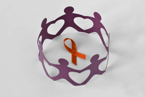 Paper People Circle Orange Ribbon White Background Concept Leukemia Awareness — стоковое фото