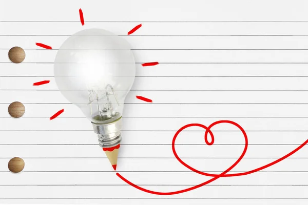 Light Bulb Red Pencil Heart Sketch Striped Notebook Love Creativity — Stock Fotó