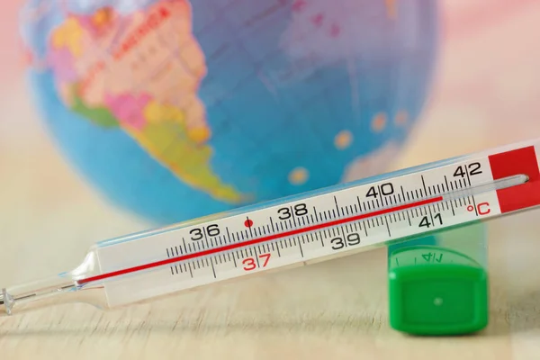 Fever Thermometer Planet Heart Background Global Warming Concept — Stockfoto