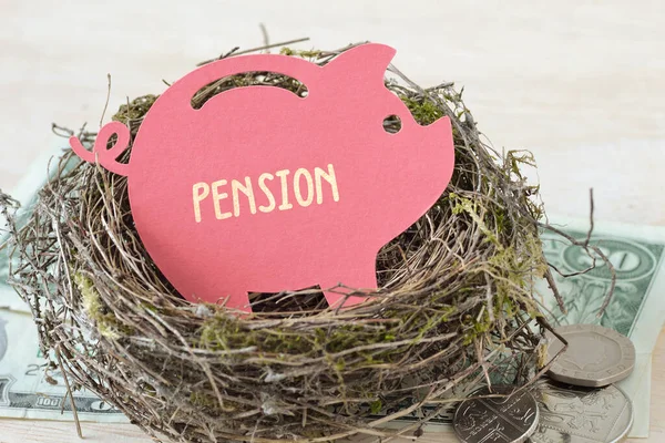 Papír Malac Bank Szó Pension Nest Money Koncepciója Nyugdíjalap — Stock Fotó