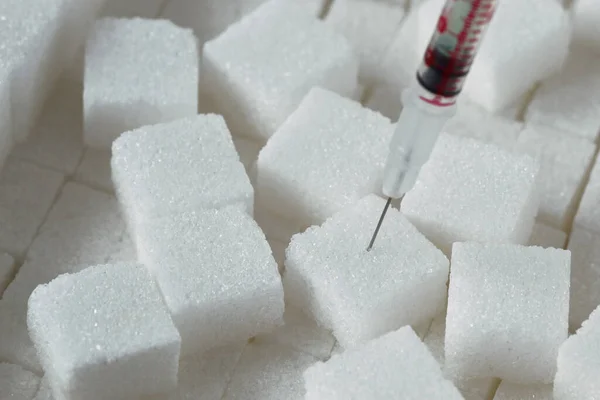 Sugar Cubes Syringe Diabetes Concept — Stok Foto