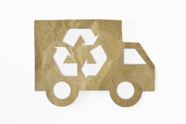 Recycled Paper Cut Truck Recycling Symbol White Background Green Transportation — Photo