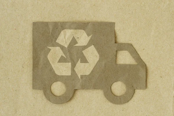 Coupe Papier Camion Avec Symbole Recyclage Sur Fond Papier Recyclé — Photo