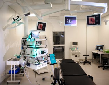 Hospital room with autofluorescence bronchoscopy equipment clipart