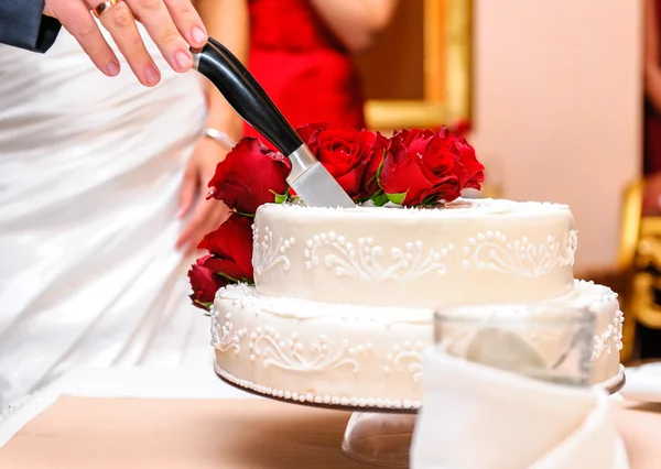 Braut und Bräutigam schneiden Hochzeitstorte — Stockfoto