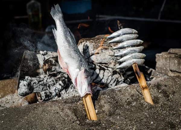 Righe di acciughe e sardine su spiedino di legno — Foto Stock