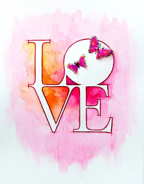 Word LOVE over abstract watercolor painting and two butterflies — Stock Photo, Image