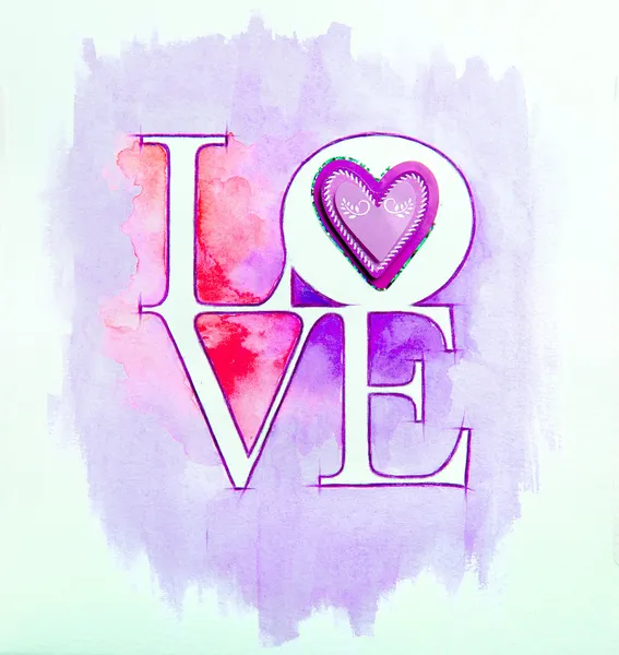 Slovo láska nad abstraktní akvarel a Purpurové srdce — Stock fotografie