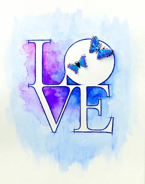 Word LOVE over abstract watercolor painting and two butterflies — Stock Photo, Image