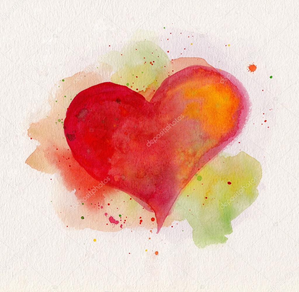 Watercolor heart. Red, yellow and green colors