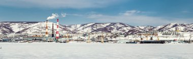 Panoramic view of Petropavlovsk-Kamchatsky seaport clipart