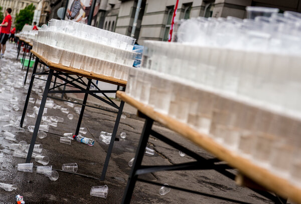 Used water cups during the 2014 Nordea Riga marathon. Latvia