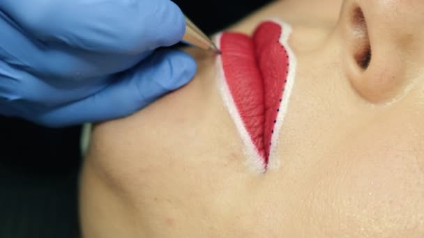 Maquiagem Mestre Preparar Lábios Mulher Para Procedimento Beleza Maquiagem Permanente — Vídeo de Stock