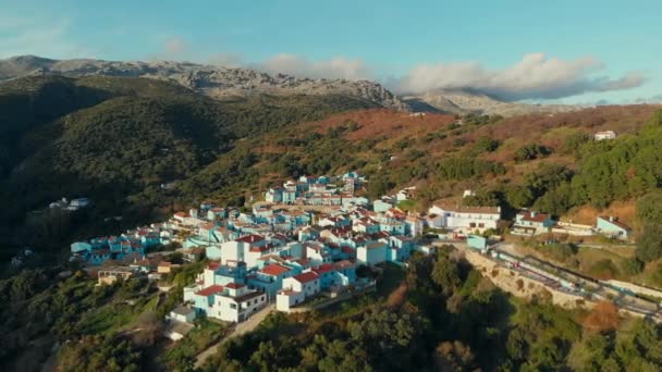 Drone Point View Shot Juzcar Town Houses Painted Blue Color – stockvideo