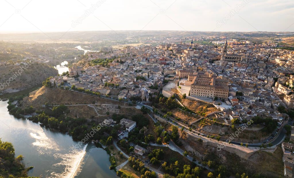 Aerial panoramic drone point of view historical city of Toledo. Castilla La Mancha, declared World Heritage Site by UNESCO. Travel and tourism, famous tourist attraction place concept. Spain. Europe