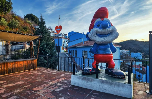 Pittoreske Heuvel Beroemde Juzcar Stad Smurfen Village Woningen Geschilderd Blauwe — Stockfoto