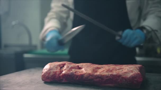 Unbekannter Mann Schürze Und Handschuhen Restaurantküche Schärft Messer Vor Rohem — Stockvideo