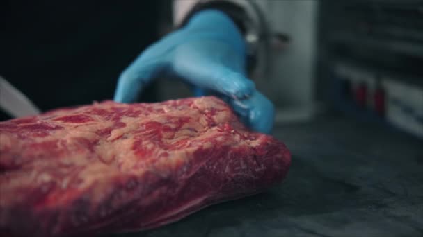 Unknown Male Chef Hands Gloves Holds Knife Cutting Raw Beef — Wideo stockowe