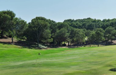 Boş golf sahası, yeşil çimen, insan yok. Spor, eğlence konsepti. İspanya