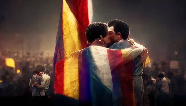 Двоє Молодих Чоловіків Цілуються Покриті Райдужним Прапором Абстрактні Картини Lgbtq — стокове фото