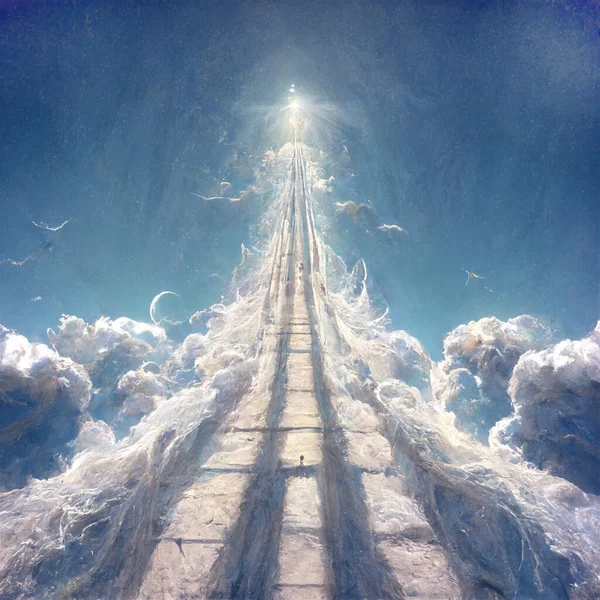 Way to heaven. Staircase leading to the blue fluffy cloudy sky. Abstract background