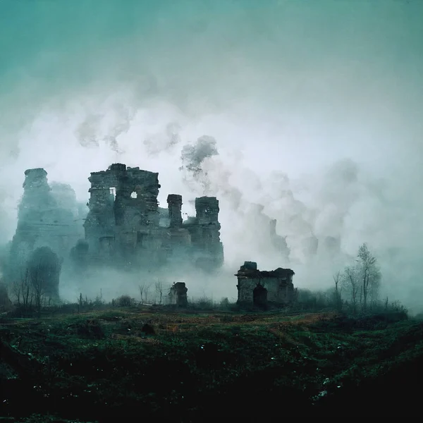 Ruined House Fog Smoke Picture Moody Horror Place Concept — Fotografia de Stock