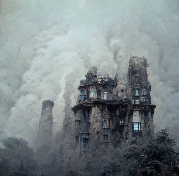 Ruined House Fog Smoke Picture Moody Horror Place Concept — Stok fotoğraf