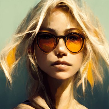 Acrylic portrait of blonde attractive female in sunglasses, close up. Beauty and art concept