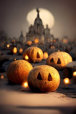 Creepy pumpkins and lights in the night on moonlight background. Halloween celebration concept