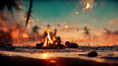 Romantic date concept. Burning fire on the tropical beach on palm trees background. Abstract painting