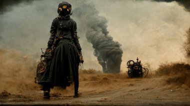 Abstract steampunk woman on destruction background. Fantasy picture, post apocalypse concept clipart