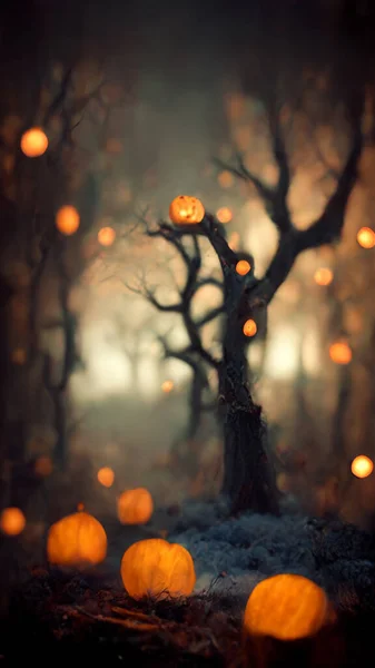 Creepy pumpkins in the night forest. Halloween celebration background concept