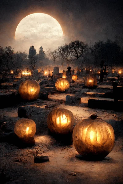 Creepy Pumpkins Graveyard Halloween Celebration Background Concept — Stok fotoğraf