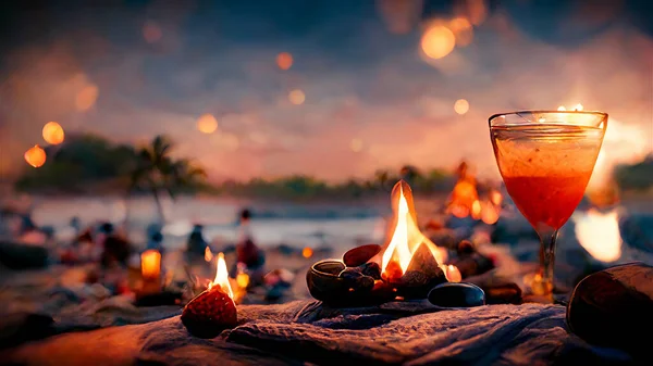 Горящие Огни Костер Тропическом Пляже Коктейлем Океаном Пальмами Группа Людей — стоковое фото