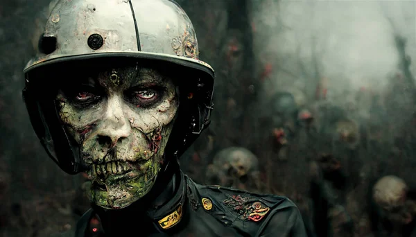 Концепция Зомби Апокалипсиса Мертвец Шлеме Солдатской Форме Абстрактный Фон — стоковое фото