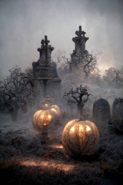 Creepy lighting pumpkins in the graveyard. Halloween celebration background concept