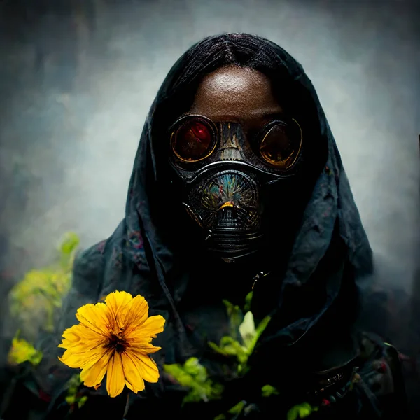 African Woman Wear Protective Gas Mask Goggles Glasses Pretty Yellow — ストック写真