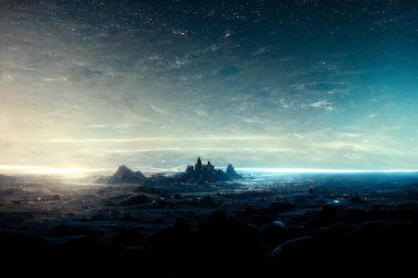 Mavi yıldızlı gökyüzü altında hayali fantezi dünyası soyut arka plan