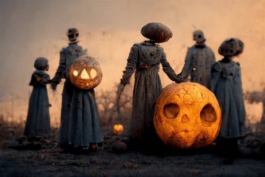 Mezarlıkta balkabağı taşıyan, bilinmeyen insanların ürkütücü silueti. Cadılar Bayramı kutlama resmi arka planı