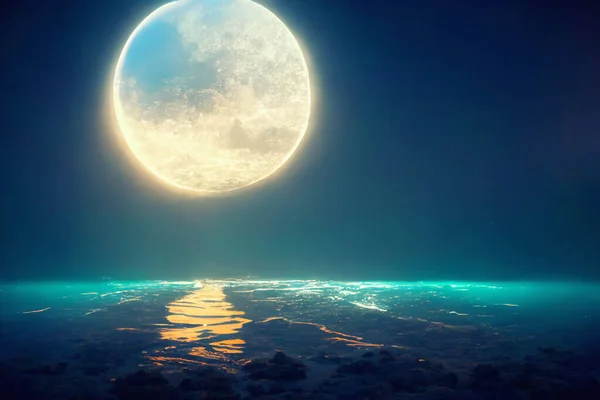 Luna Piena Riflessa Superficie Liscia Acqua Calma Immaginario Sfondo Pittura — Foto Stock