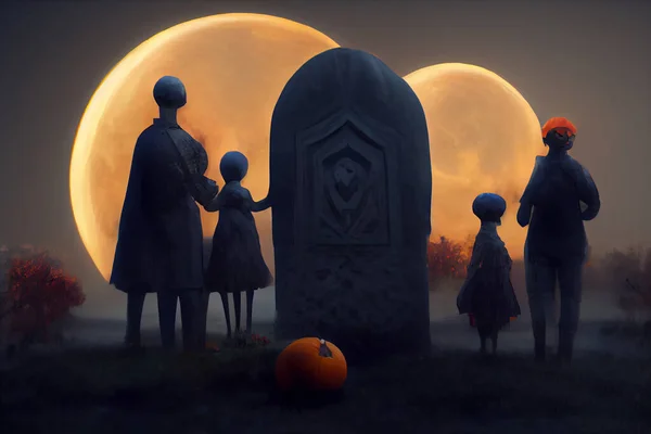Жуткий Силуэт Неизвестных Людей Светлом Фоне Луны Кладбище Хэллоуин — стоковое фото