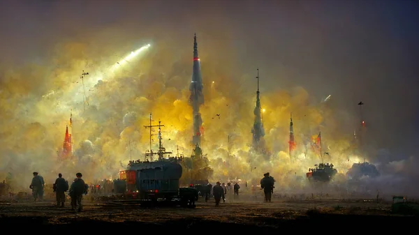 Savaşın Soyut Arkaplanı Fırlatılan Roketler Duman Bulutları Görünümü — Stok fotoğraf