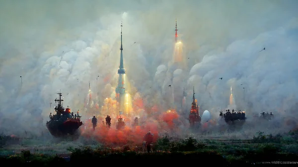 Abstrakter Hintergrund Des Krieges Abgefeuerte Raketen Und Rauchwolken — Stockfoto