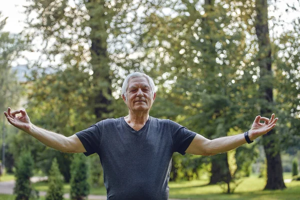 Older hoary man close eyes makes mudra gesture start new day with wok out feels alive and lively, smile standing alone in summer park on green trees background. Healthy lifestyle, carefree retirement