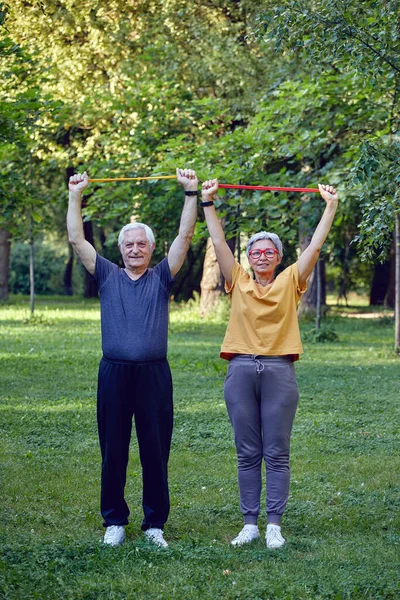 Los Cónyuges Mayores Usan Ropa Deportiva Haciendo Ejercicios Aire Libre —  Fotos de Stock